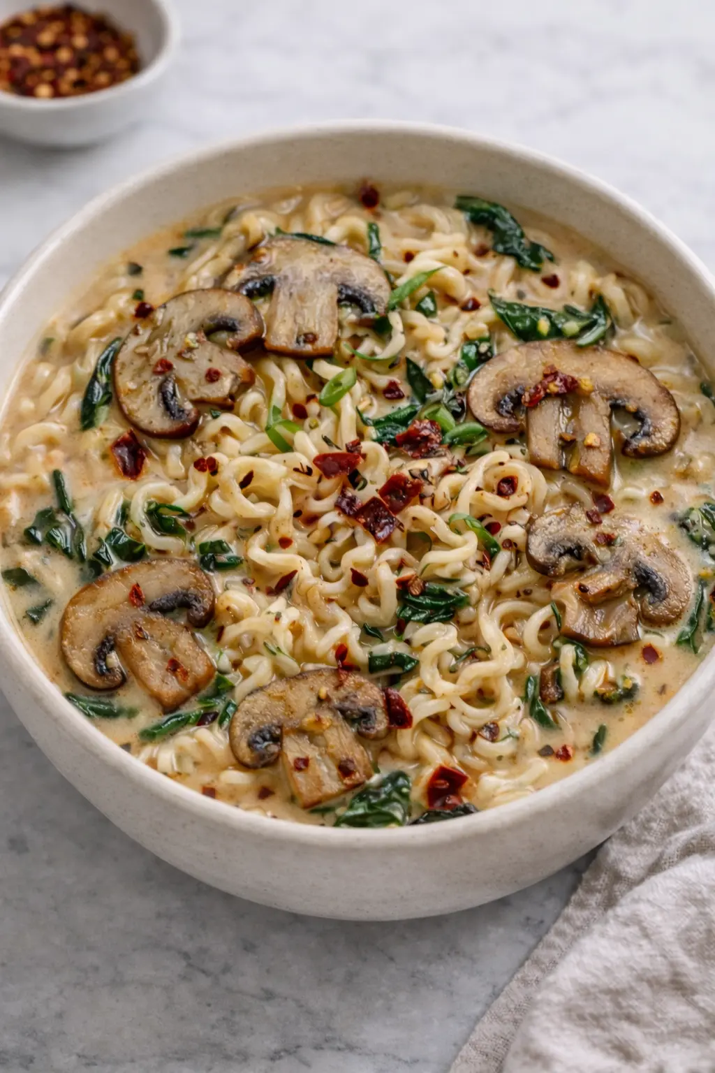 Creamy Mushroom Vegan Ramen 1 Creamy mushroom vegan ramen with curly noodles, sautéed mushrooms, spinach, and chili flakes in a creamy broth