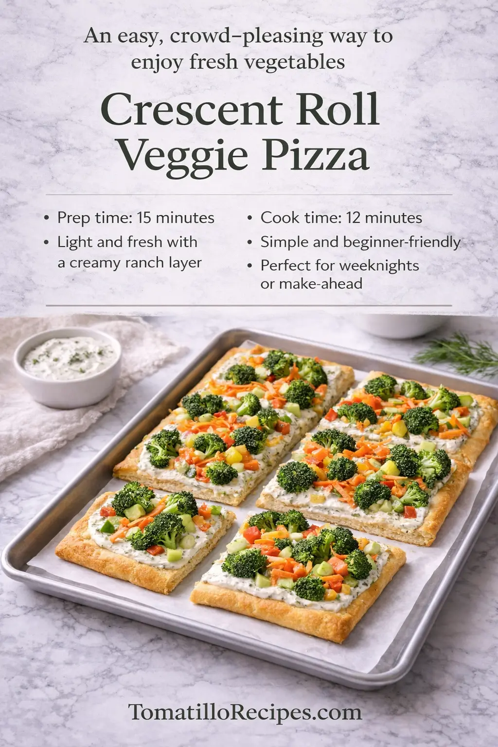 Crescent Roll Veggie Pizza recipe infographic showing prep time, cook time, and finished dish