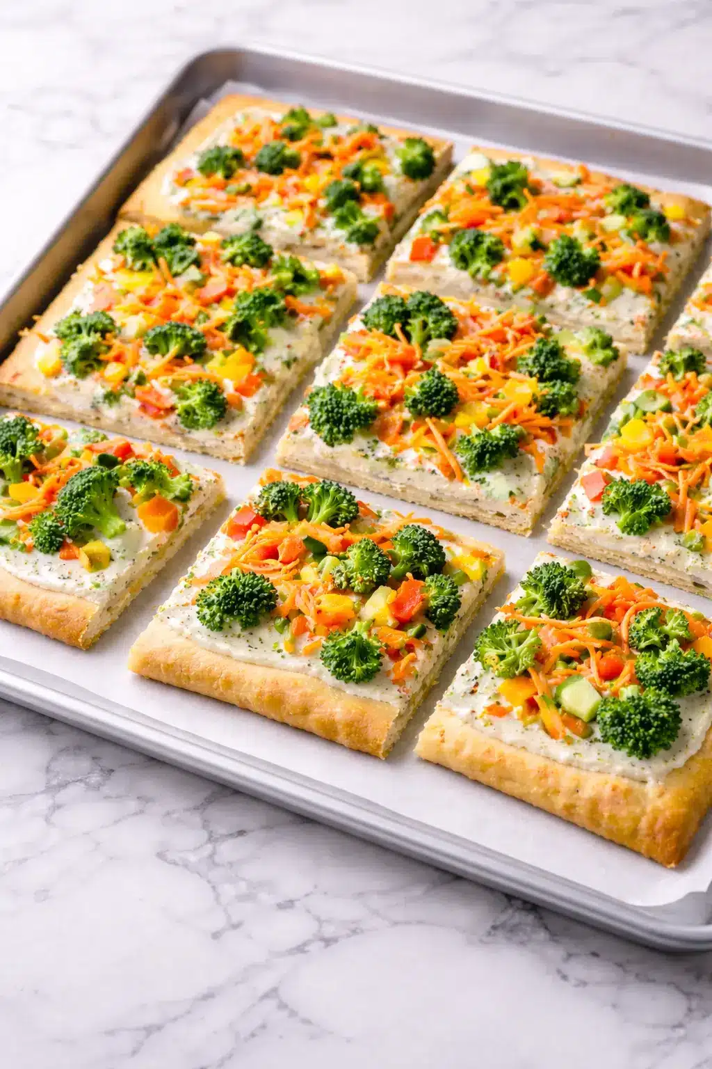 Crescent Roll Veggie Pizza sliced on a baking tray with broccoli, carrots, peppers, and creamy topping