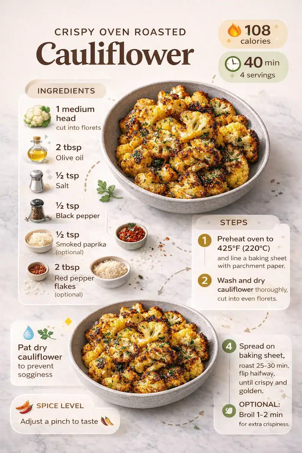 Crispy oven roasted cauliflower recipe infographic with ingredients and steps