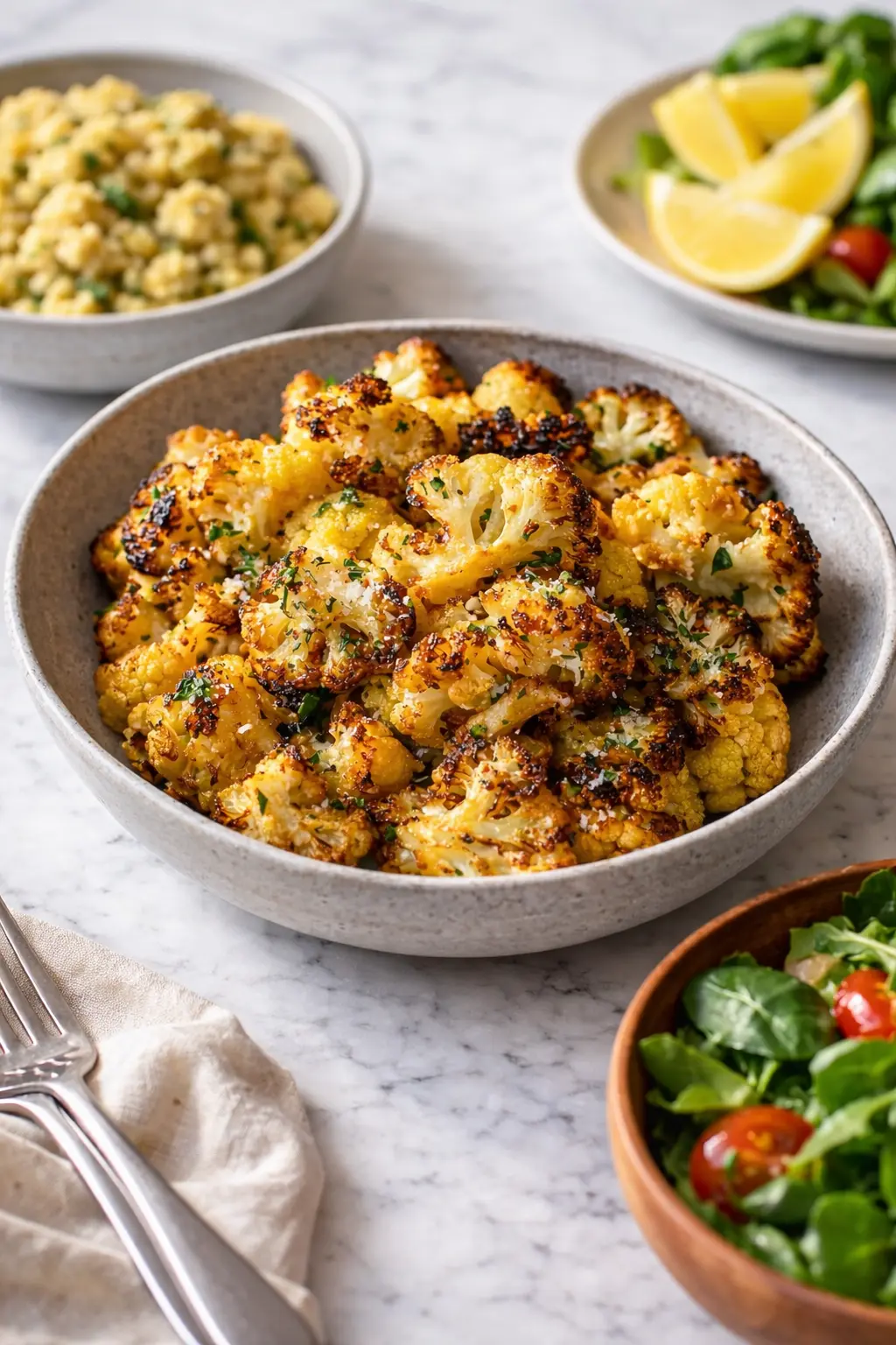Crispy oven roasted cauliflower served as part of a simple home-cooked meal