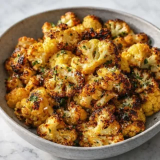 Crispy oven roasted cauliflower with golden brown edges served in a bowl