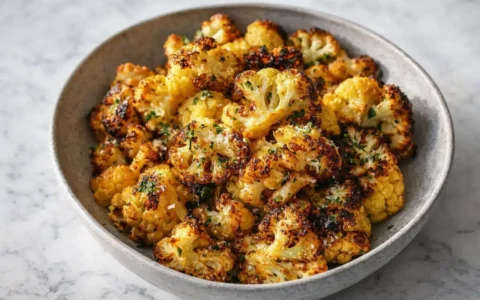 Crispy oven roasted cauliflower with golden brown edges served in a bowl