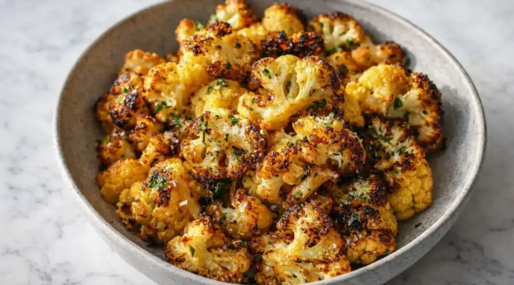 Crispy oven roasted cauliflower with golden brown edges served in a bowl
