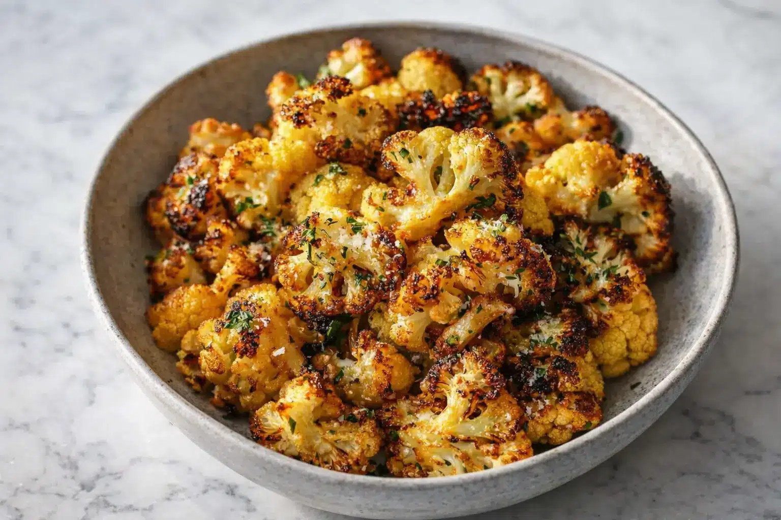 Crispy oven roasted cauliflower with golden brown edges served in a bowl