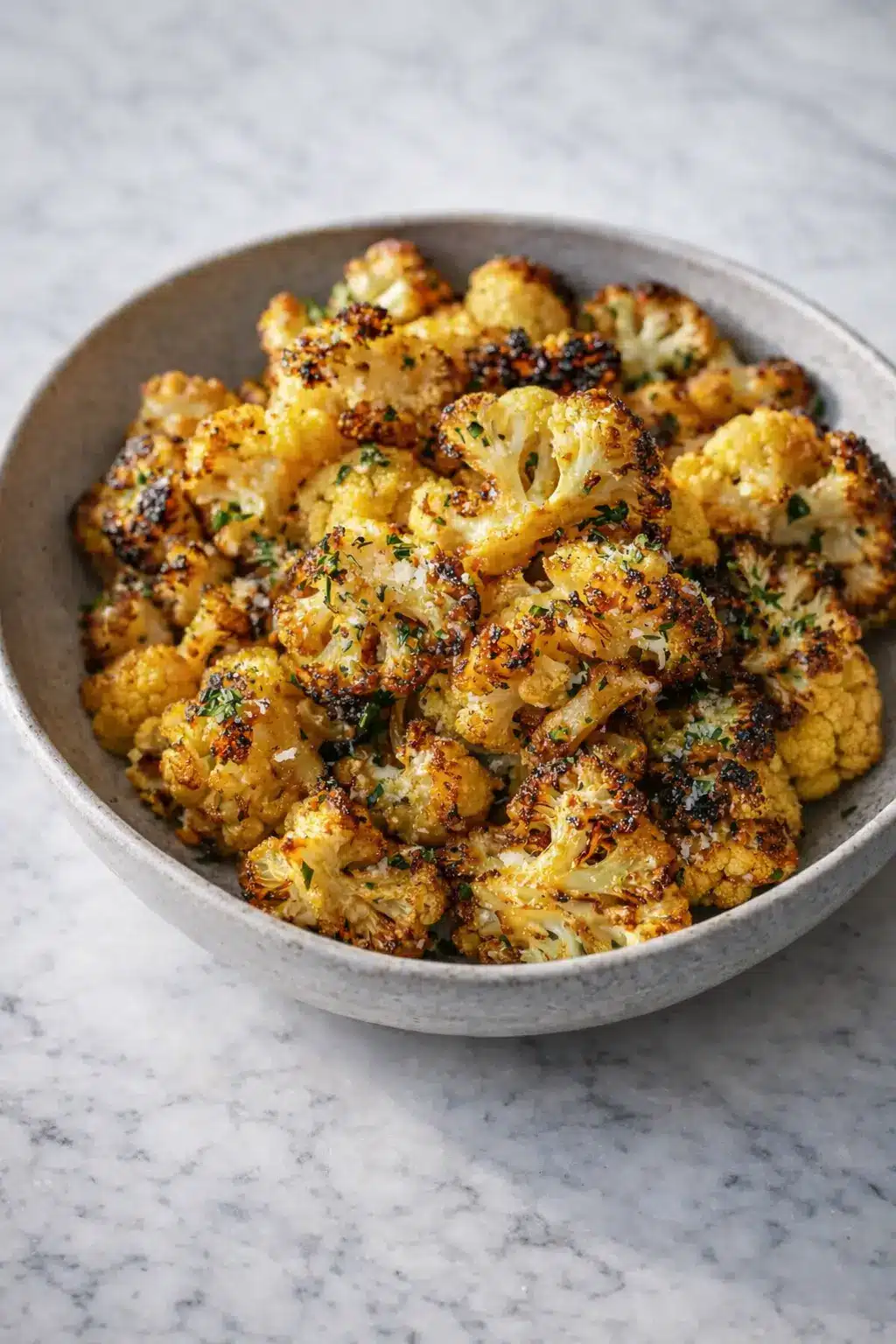 Crispy oven roasted cauliflower with golden brown edges served in a bowl