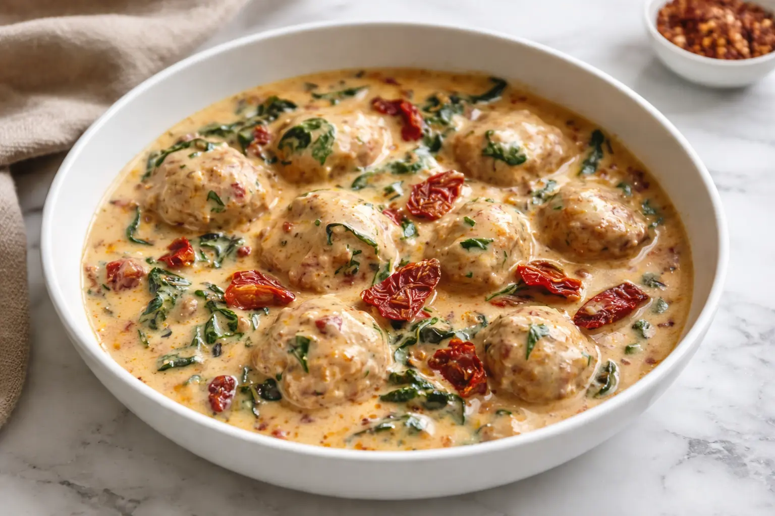 Crockpot Marry Me Chicken Meatballs simmered in a creamy sun-dried tomato sauce with spinach, ready to serve