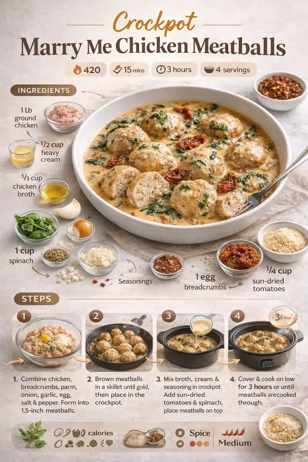 Crockpot Marry Me Chicken Meatballs in creamy sun-dried tomato sauce with spinach, presented as a modern recipe infographic with ingredients and cooking steps.