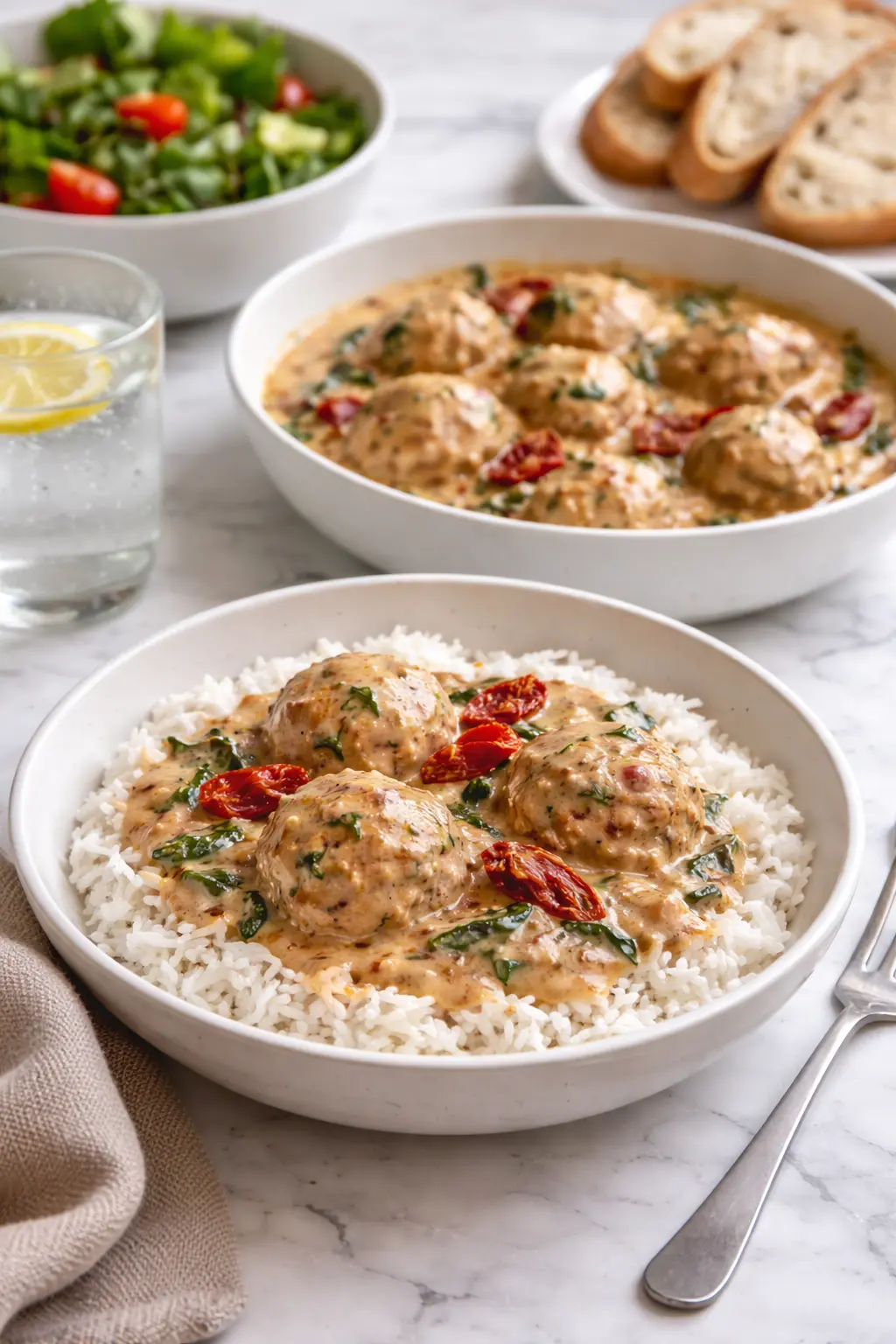 Crockpot Marry Me Chicken Meatballs served over rice with creamy sun-dried tomato sauce as a complete meal