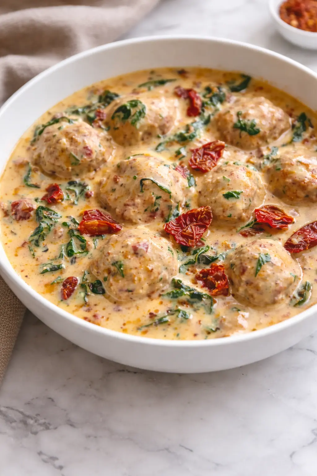 Crockpot Marry Me Chicken Meatballs cooked in a creamy sun-dried tomato sauce with spinach
