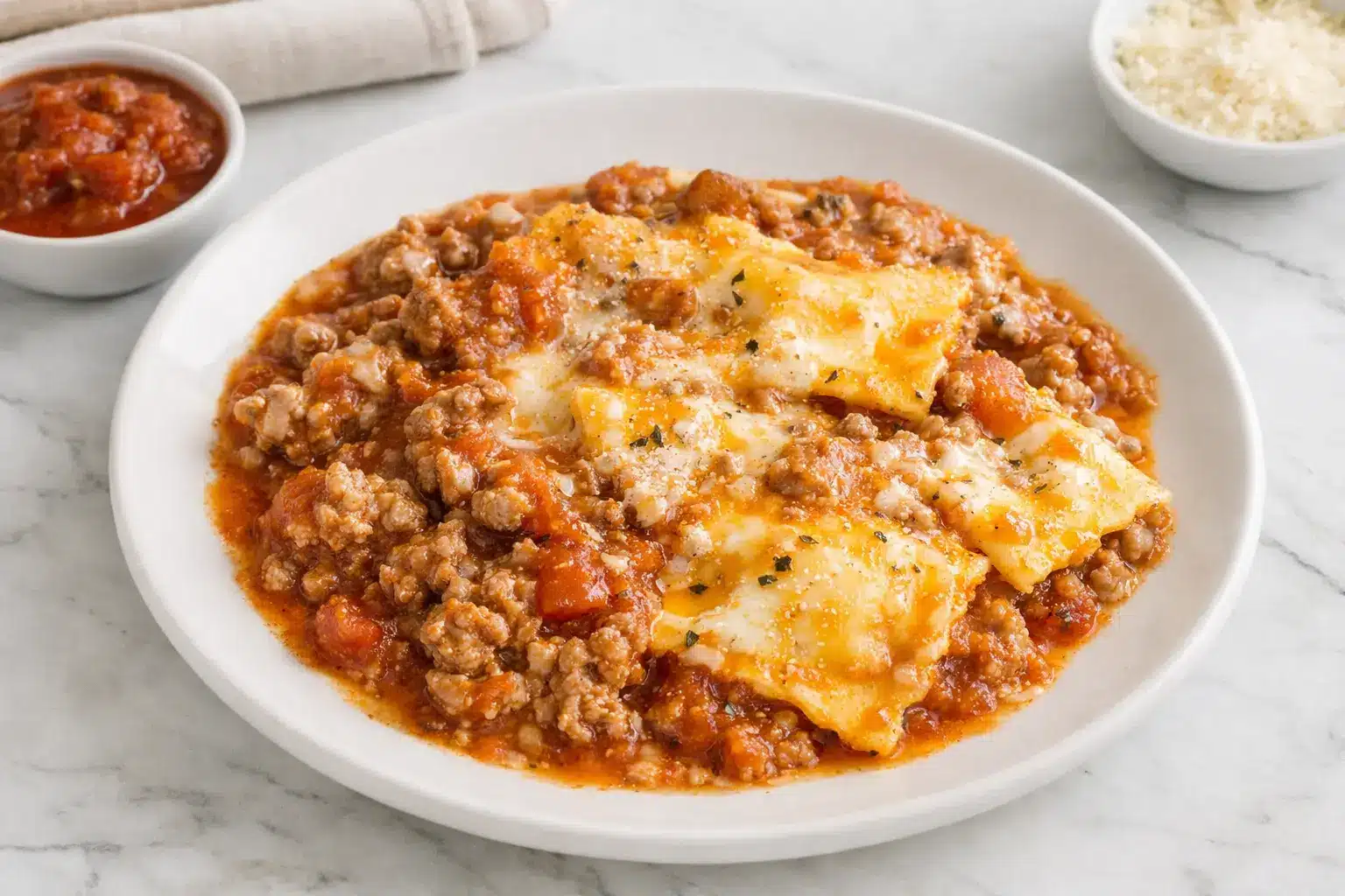 Crockpot Ravioli Lasagna served hot with layers of ravioli, meat sauce, and melted cheese on a white plate