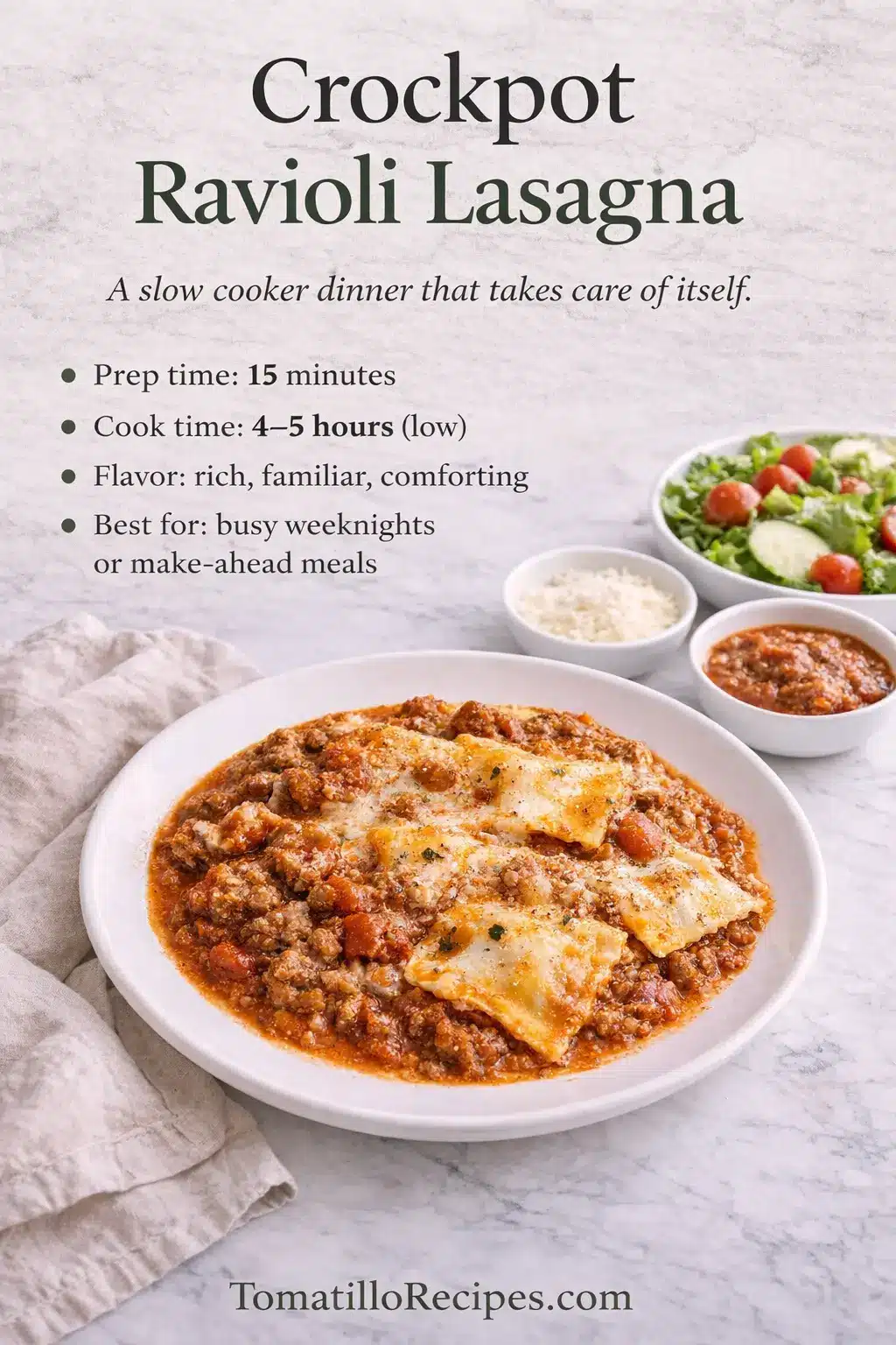 Crockpot Ravioli Lasagna Pinterest infographic showing prep time, cook time, and a finished slow cooker meal