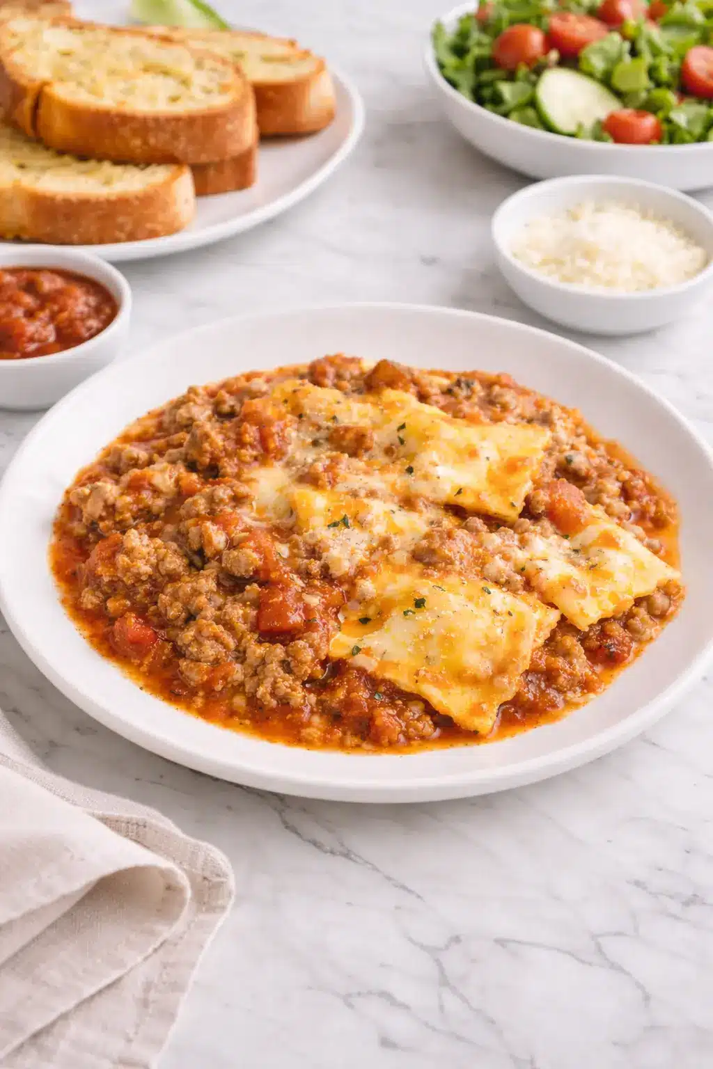 Crockpot Ravioli Lasagna served with garlic bread and a simple salad on a marble table