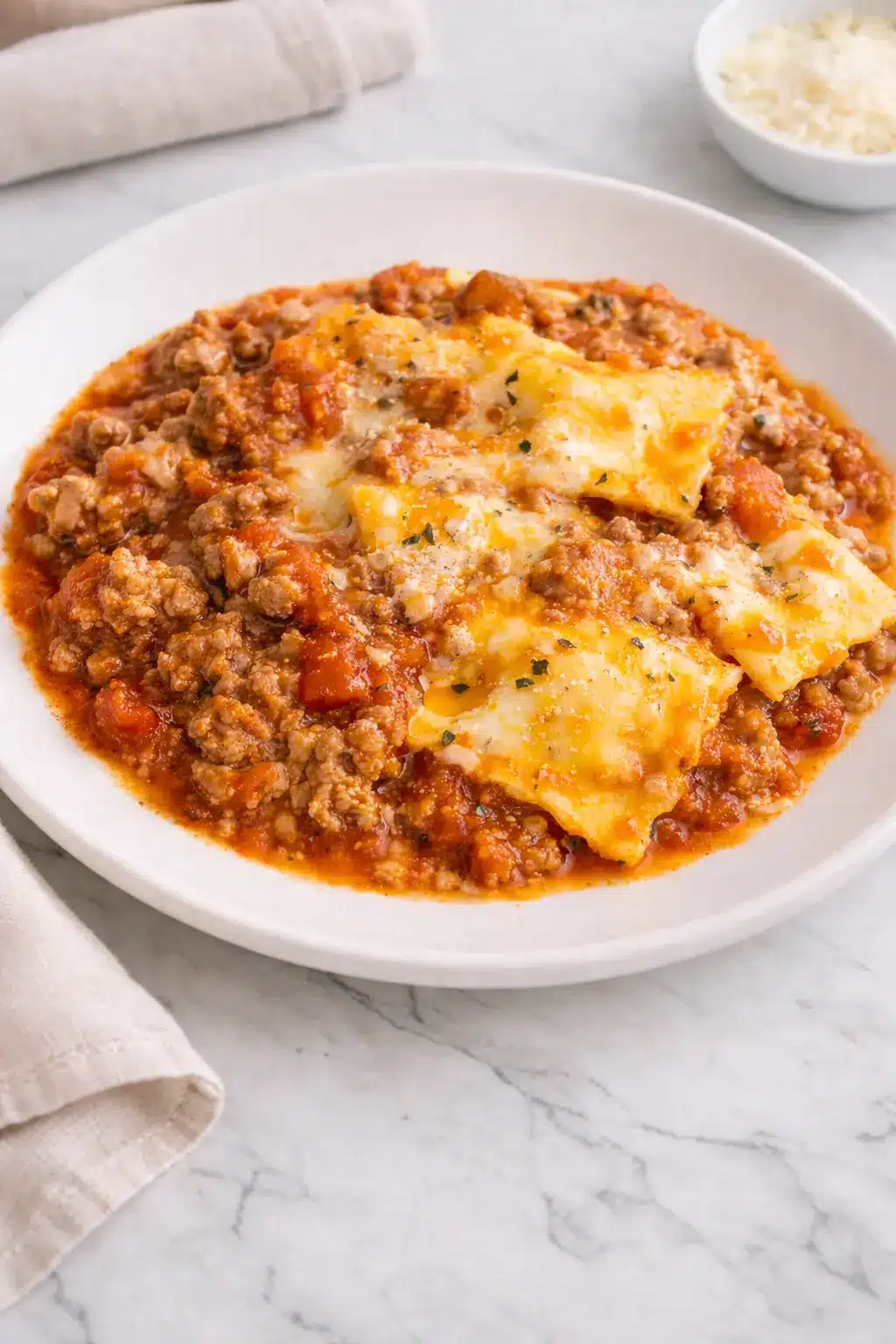 Crockpot Ravioli Lasagna served hot with melted cheese and meat sauce on a white plate, photographed vertically