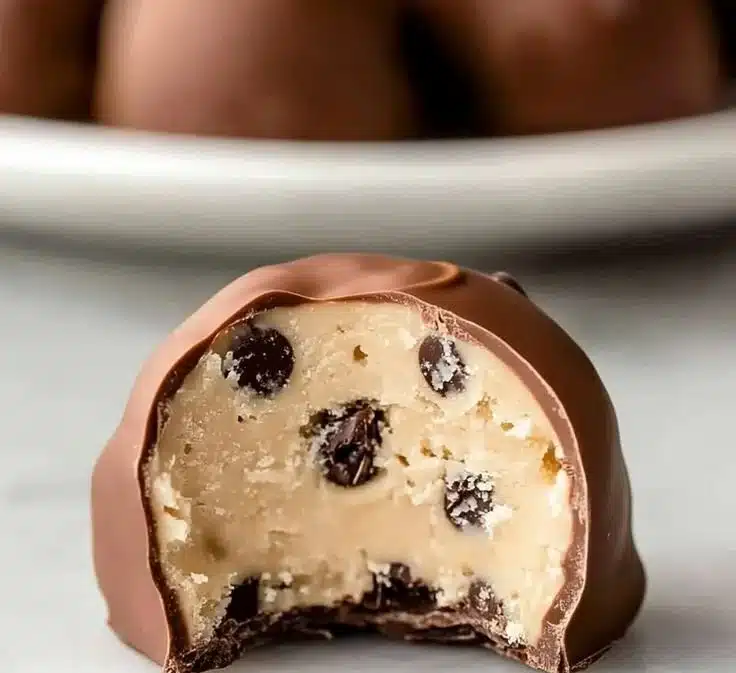 Delicious easy chocolate chip cookie dough truffles in a decorative dish