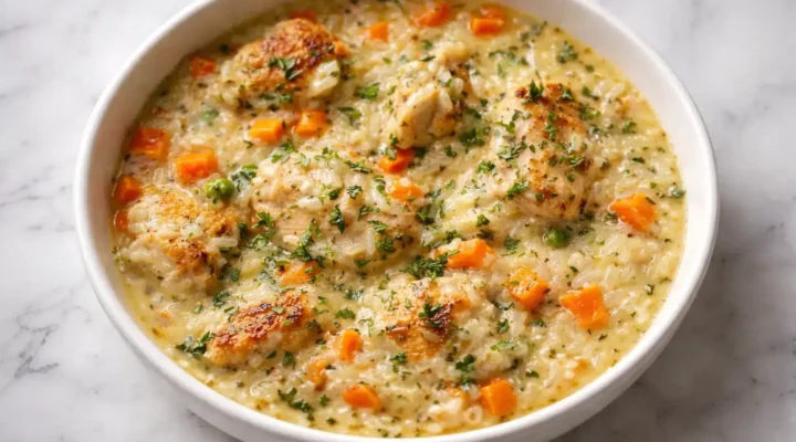 Easy gluten free dairy free dinner with shredded chicken and mixed vegetables served in a bowl