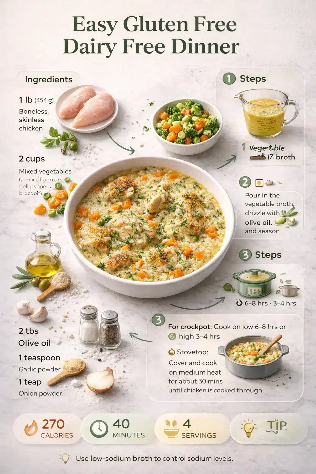 Easy gluten free dairy free dinner infographic showing ingredients, steps, and cooking time