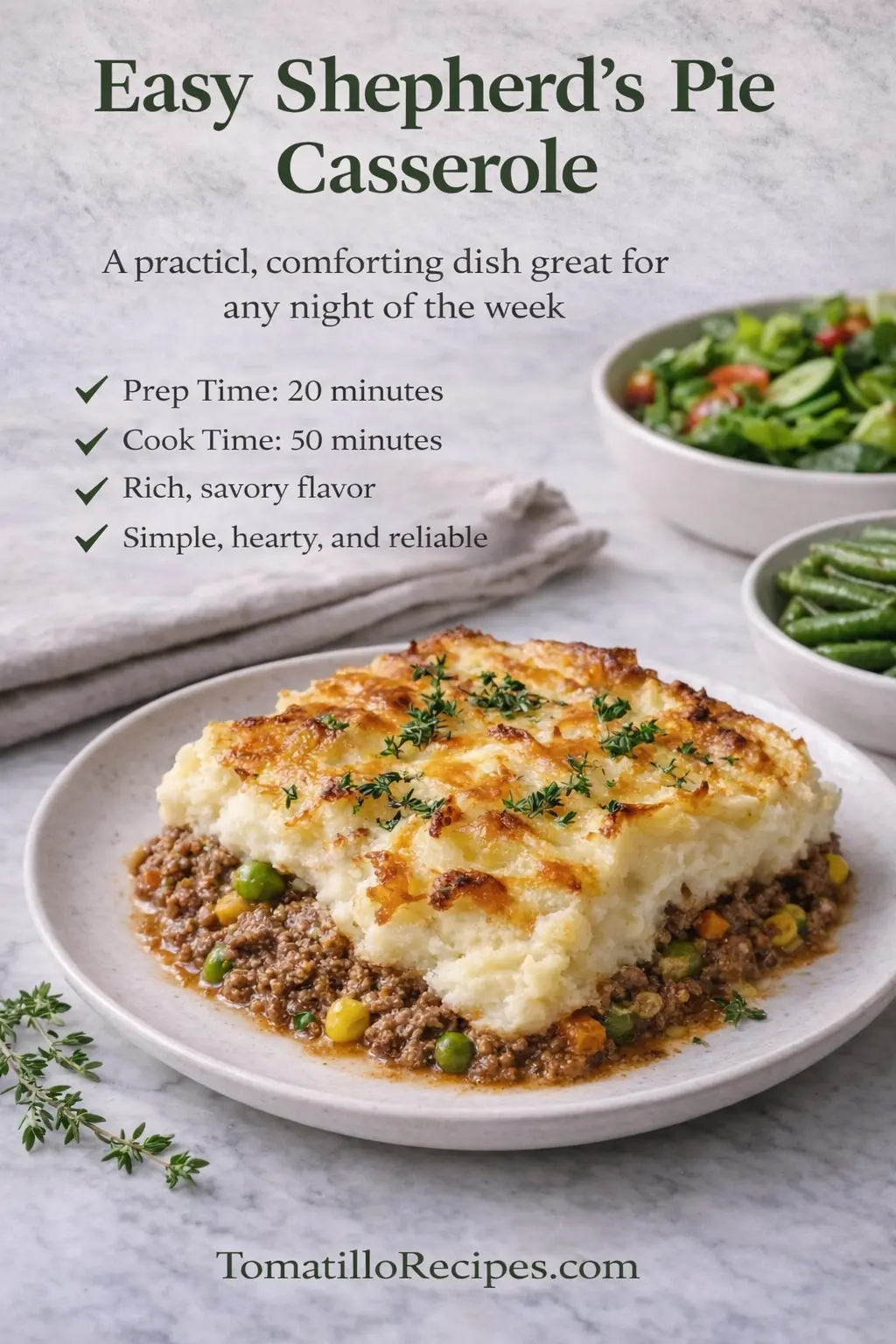 Easy Shepherd's Pie Casserole 5 Easy Shepherd's Pie Casserole Pinterest recipe infographic with prep time and serving details