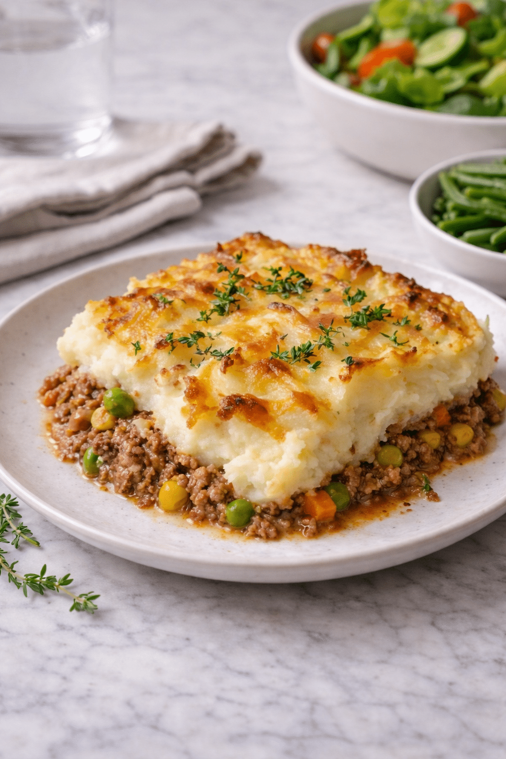 Easy Shepherd's Pie Casserole 4 Easy Shepherd's Pie Casserole served as a complete meal with simple sides on a marble table