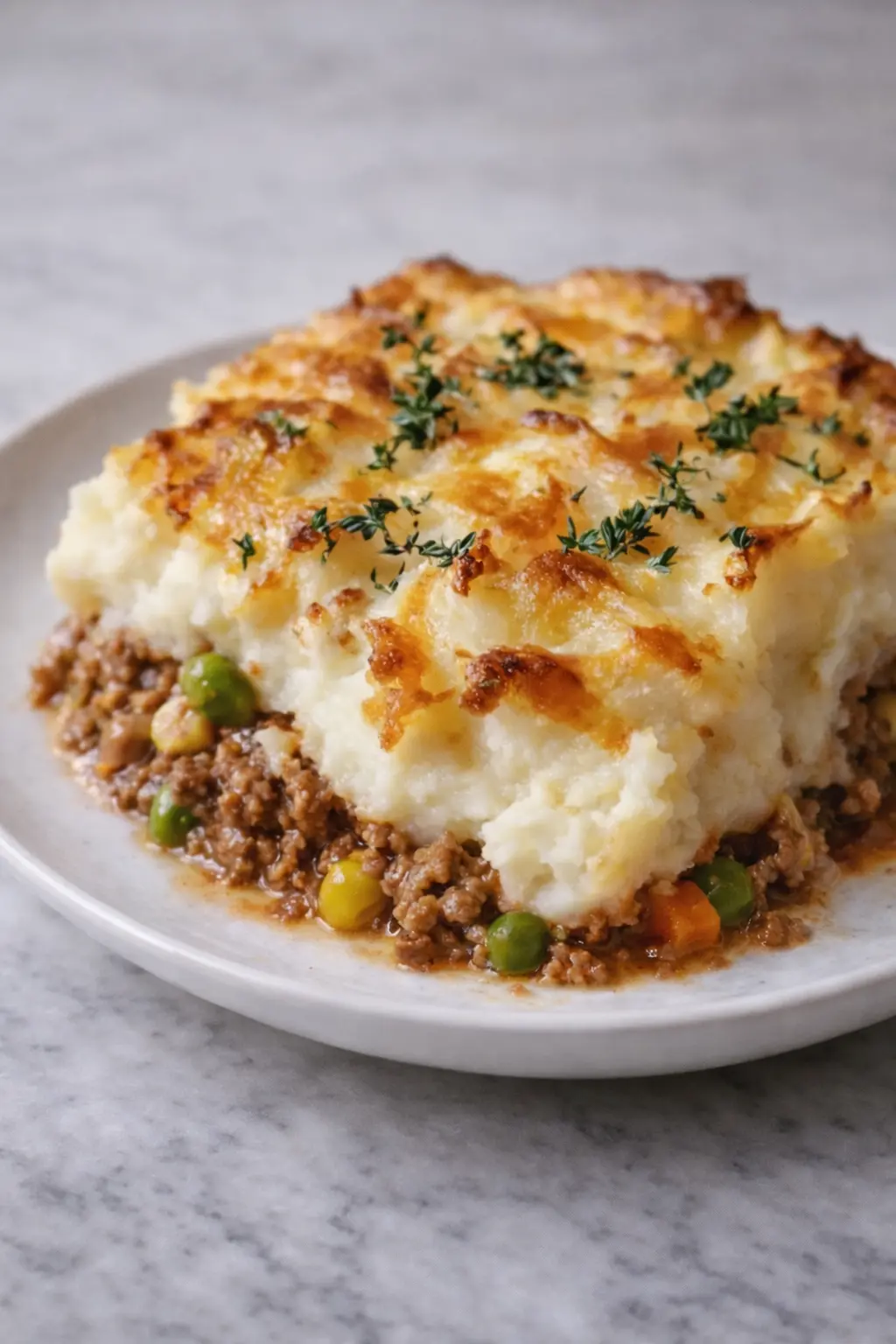 Easy Shepherd's Pie Casserole 1 Easy Shepherd's Pie Casserole with golden mashed potato topping served vertically on a white plate