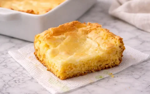 Gluten-Free French Butter Cake with a creamy cream cheese layer and buttery golden base, sliced and served on a marble surface