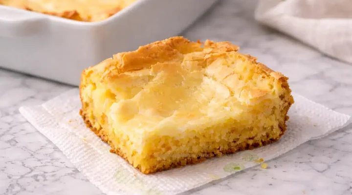 Gluten-Free French Butter Cake with a creamy cream cheese layer and buttery golden base, sliced and served on a marble surface