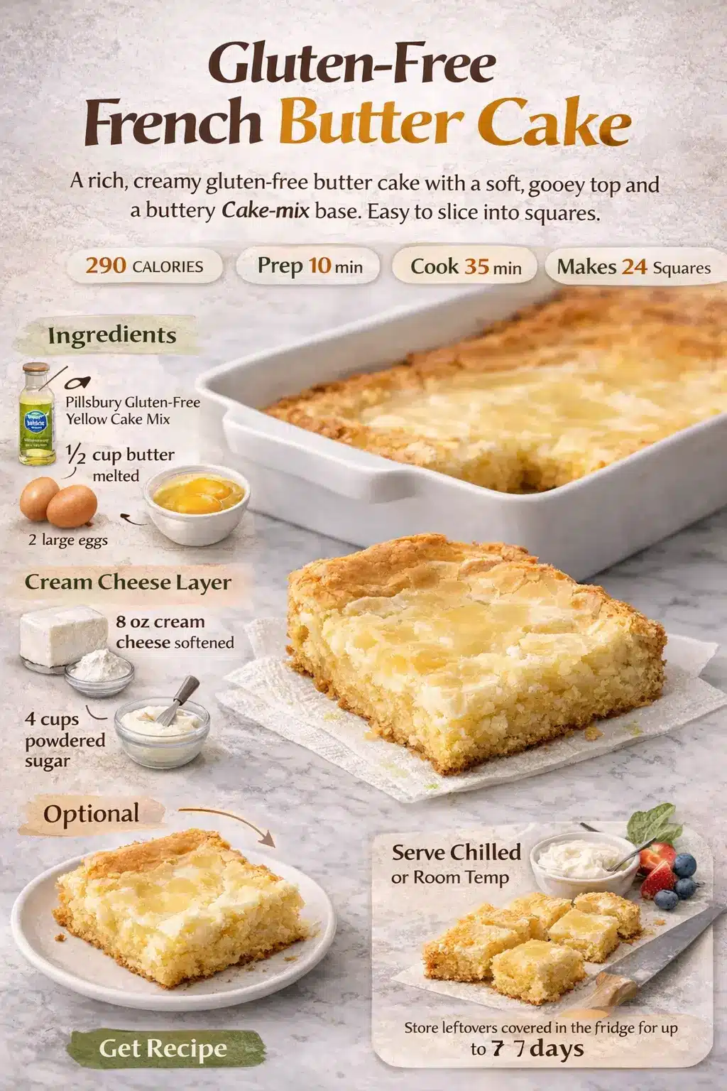 Gluten-Free French Butter Cake Gluten free French butter cake infographic showing ingredients, steps, and creamy butter cake squares with cream cheese topping
