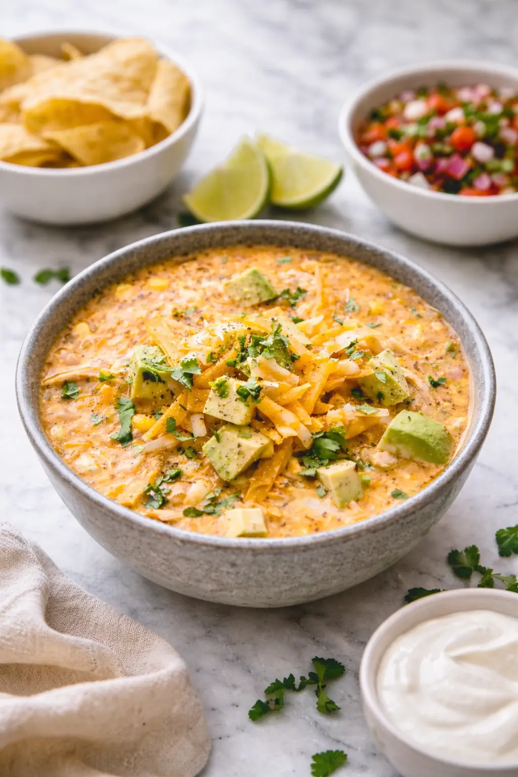 Healthy high protein white chicken chili served as a complete meal with tortilla chips, lime wedges, and fresh salsa on a marble table