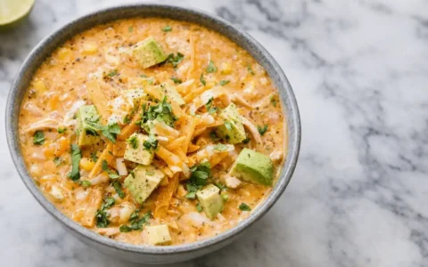 Healthy high protein white chicken chili served in a bowl with shredded chicken, beans, and fresh cilantro on a marble surface