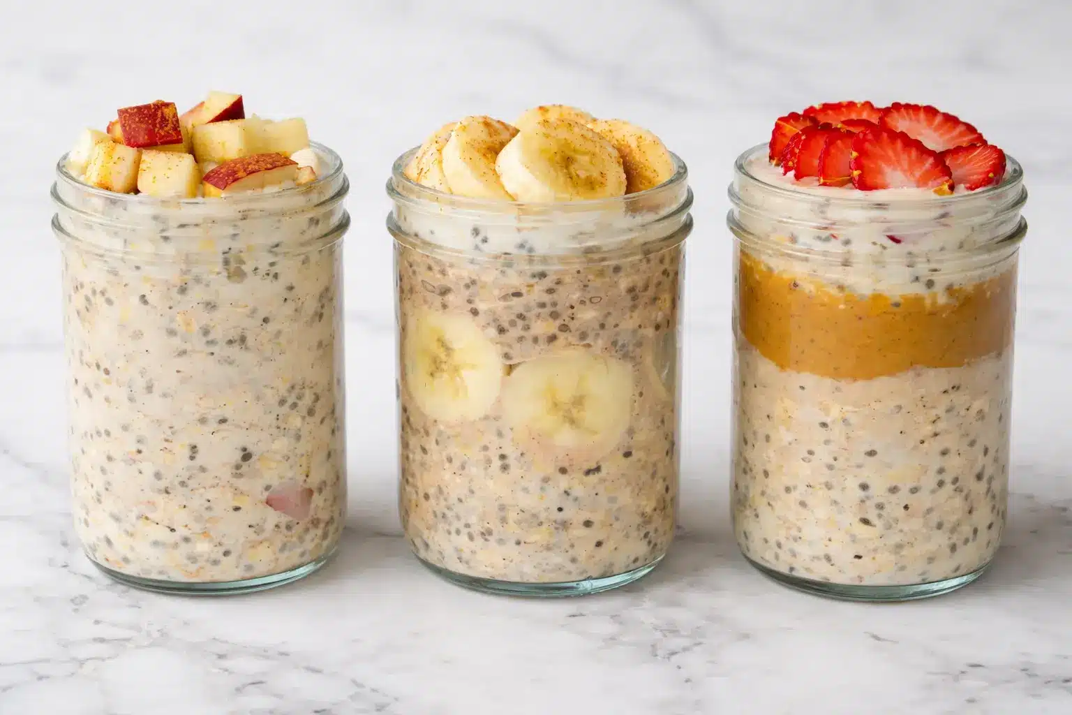 High-Protein Overnight Oats in three glass jars topped with apple, banana, and strawberry slices on a white marble surface