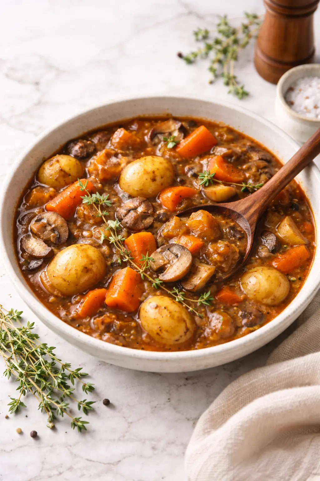Irish Vegetarian Stew 1 Irish vegetarian stew with potatoes, carrots, mushrooms, and thyme in a rich broth