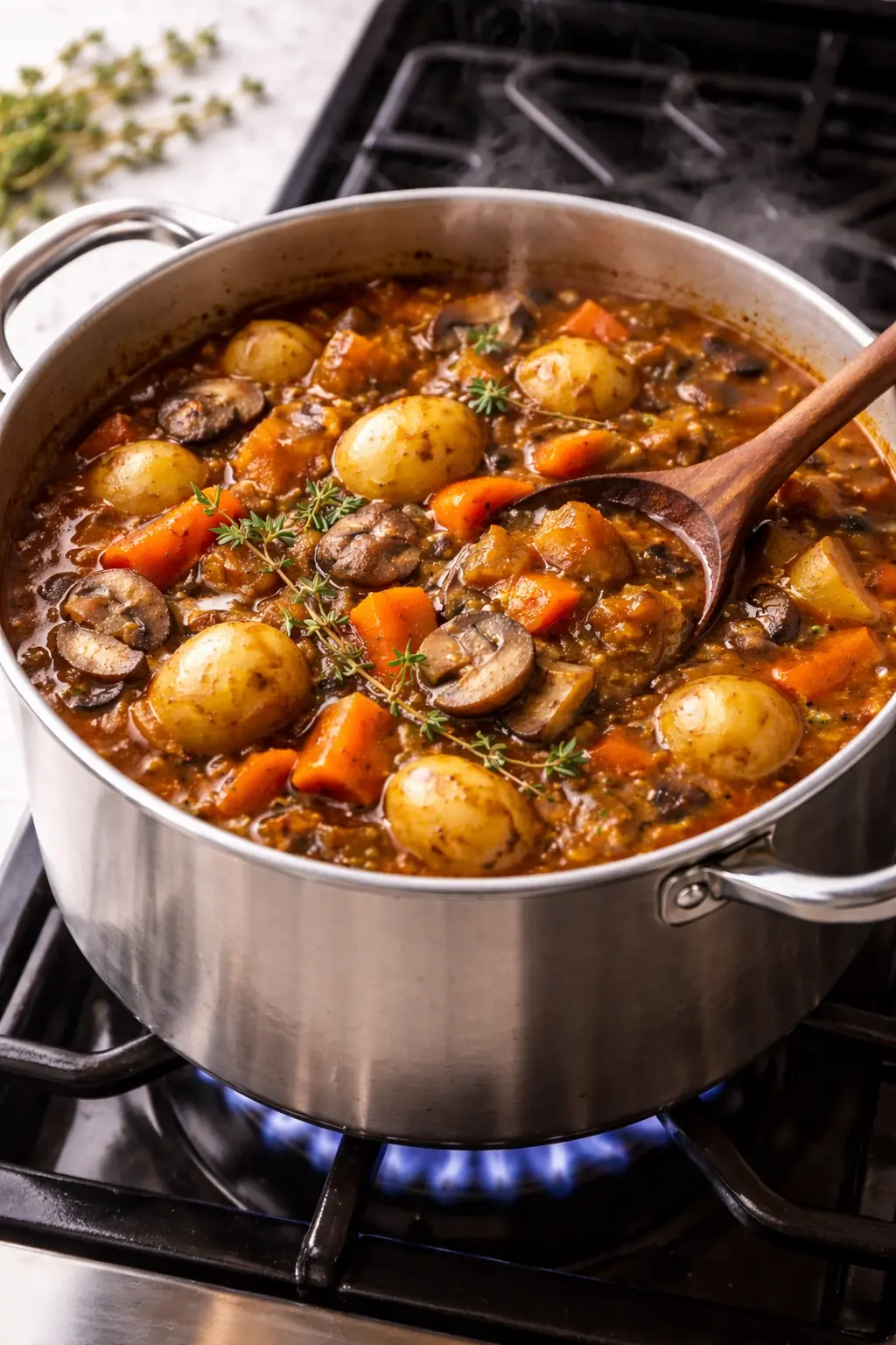 Irish Vegetarian Stew 5 Irish vegetarian stew simmering in a large pot with potatoes, carrots, and mushrooms