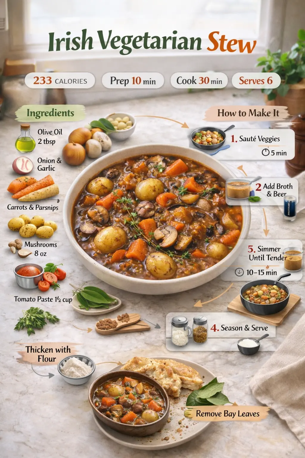 Irish Vegetarian Stew Irish vegetarian stew infographic showing ingredients, cooking steps, and finished hearty vegetable stew in a rich vegan stout broth
