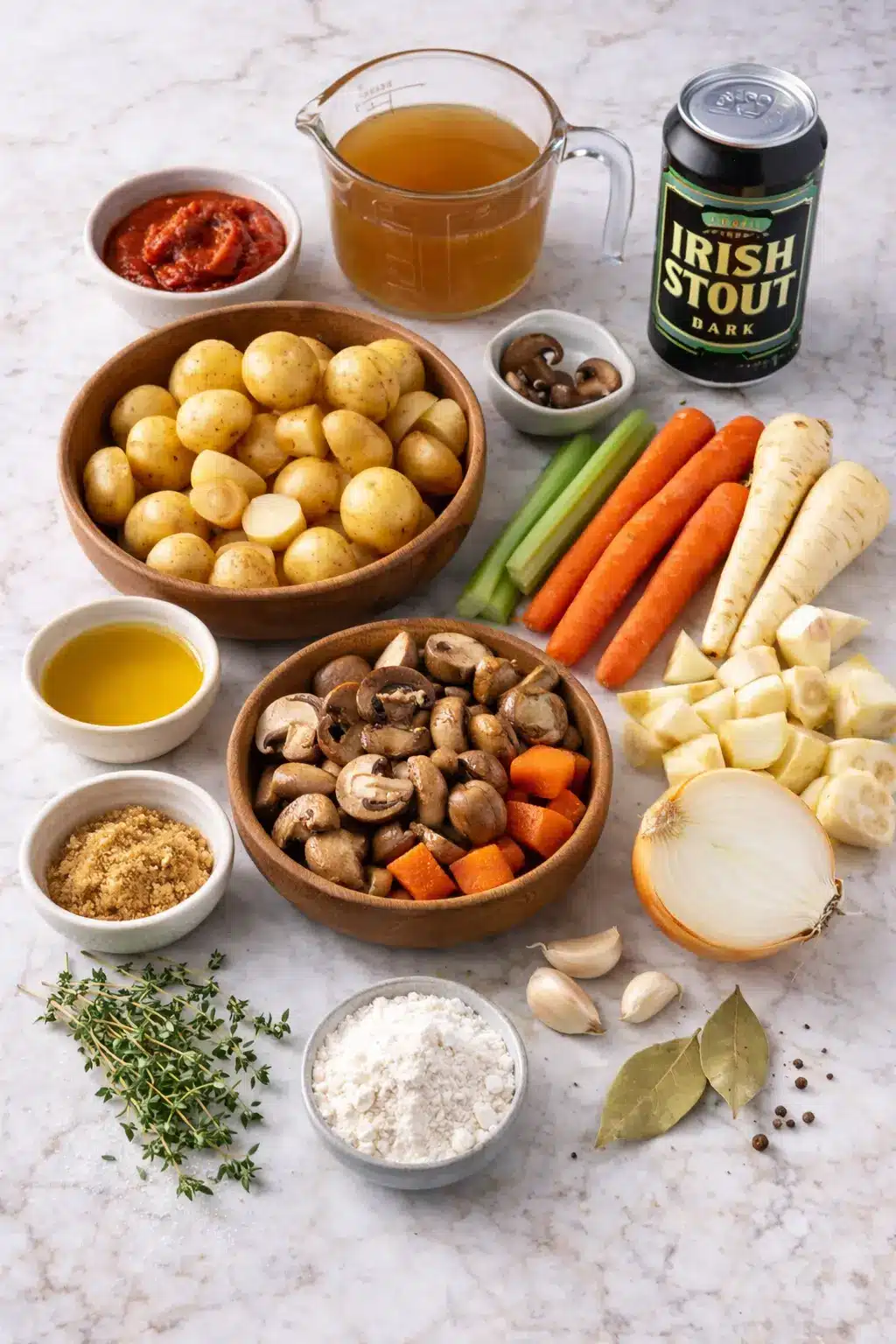 Irish Vegetarian Stew 4 Ingredients for Irish vegetarian stew including potatoes, carrots, mushrooms, stout beer, and herbs