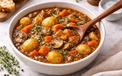Irish vegetarian stew with potatoes, carrots, mushrooms, and herbs in a rich stout broth