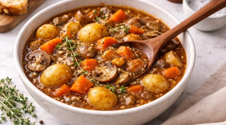 Irish vegetarian stew with potatoes, carrots, mushrooms, and herbs in a rich stout broth