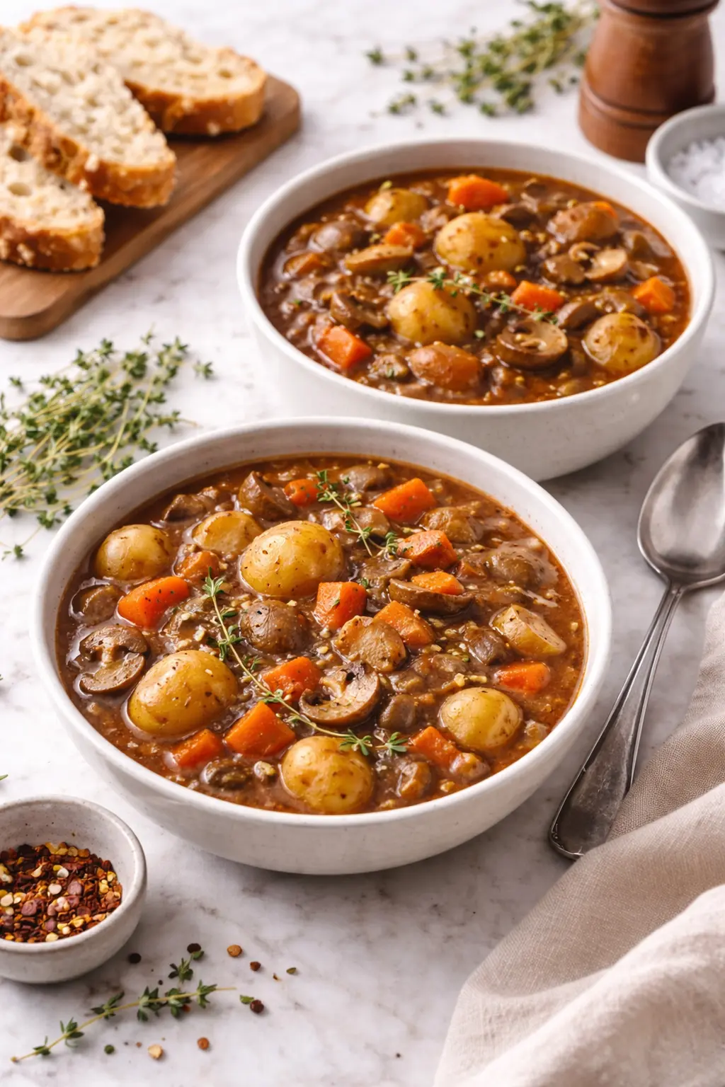 Irish Vegetarian Stew 6 Irish vegetarian stew served in bowls with potatoes, carrots, mushrooms, and herbs