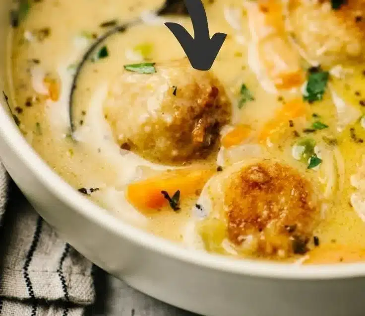 Bowl of mini chicken meatball soup with fresh herbs and vegetables