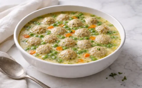 Mini chicken meatball soup with tender chicken meatballs, carrots, peas, and creamy broth served in a white bowl
