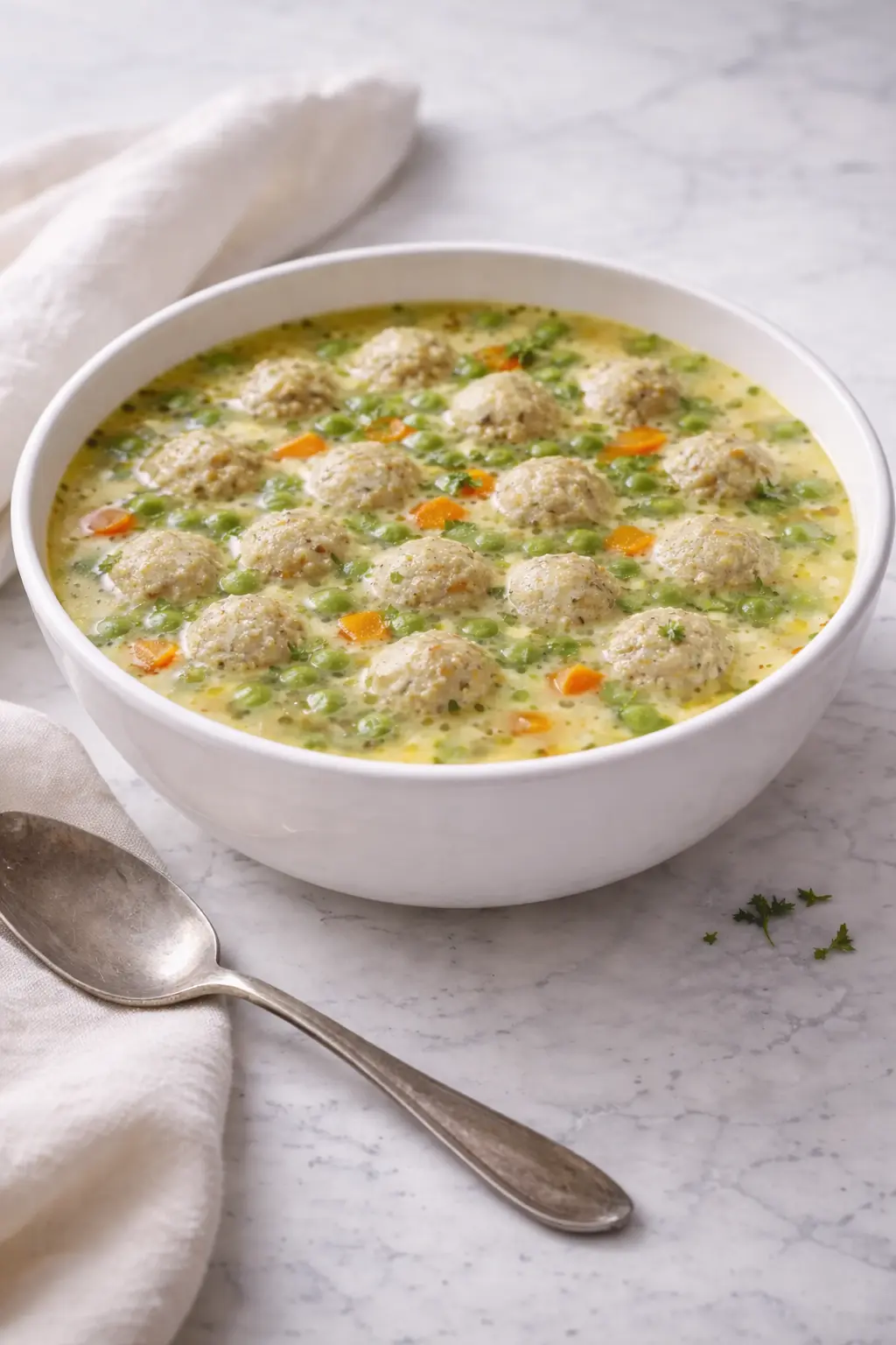 Mini Chicken Meatball Soup in a creamy broth with peas and carrots served in a white bowl