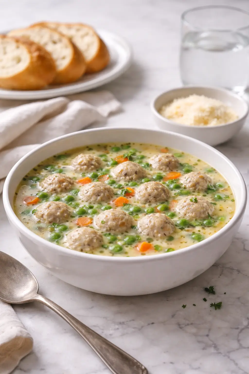 Mini chicken meatball soup served as a complete meal with bread and Parmesan on the side(Clear, descriptive, accessible, keyword present once.)
