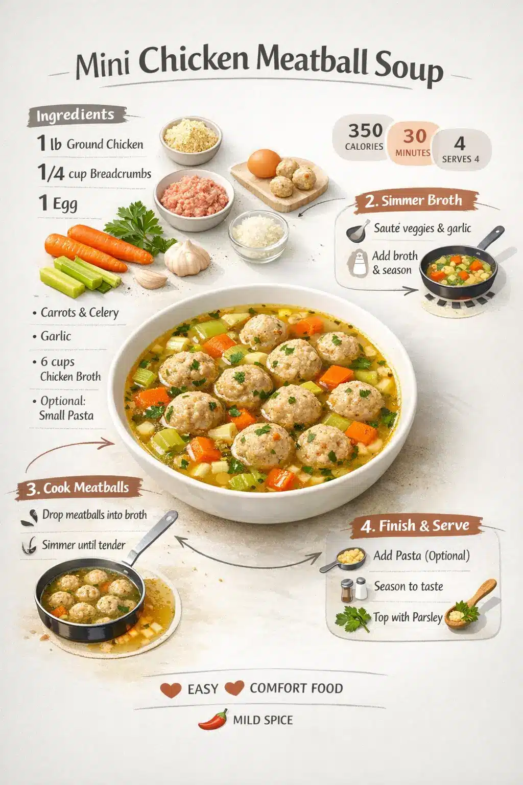 Mini Chicken Meatball Soup served in a bowl with vegetables and small chicken meatballs, shown in a modern recipe infographic layout