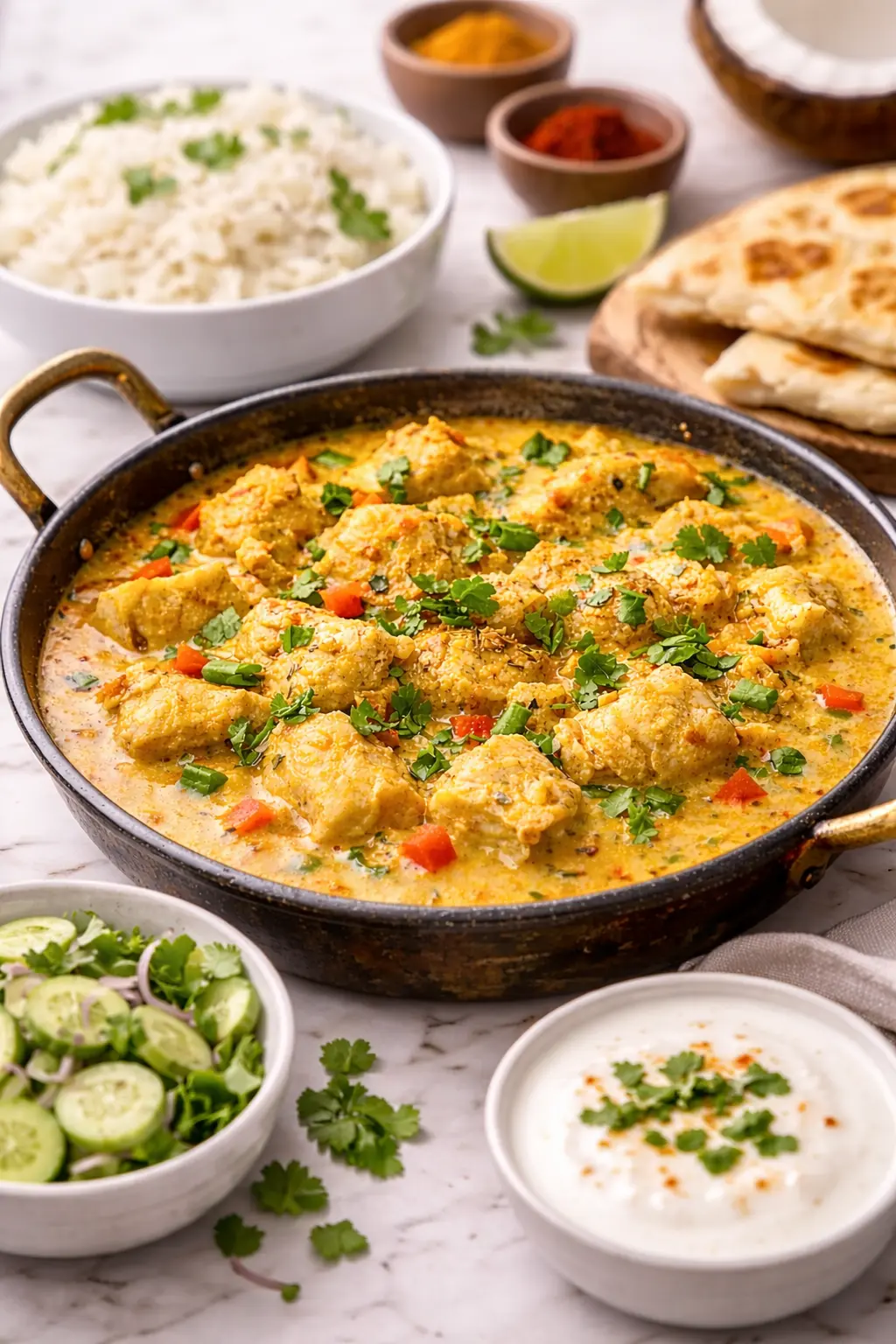 Vertical image of Nariyal Chicken Recipe cooked in creamy coconut curry, served with basmati rice, naan, raita, and cucumber salad.