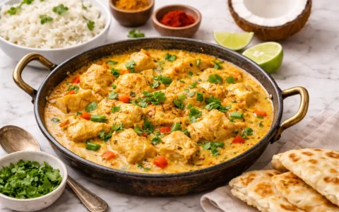 Nariyal Chicken Recipe cooked in creamy coconut curry with tender chicken, garnished with coriander and served with rice and naan.