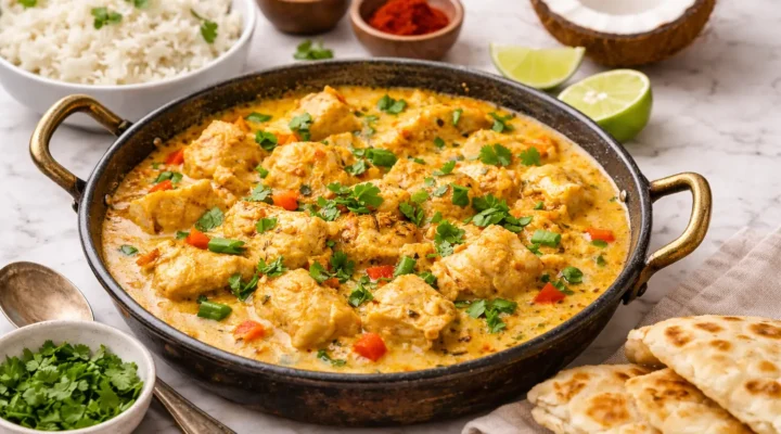 Nariyal Chicken Recipe cooked in creamy coconut curry with tender chicken, garnished with coriander and served with rice and naan.
