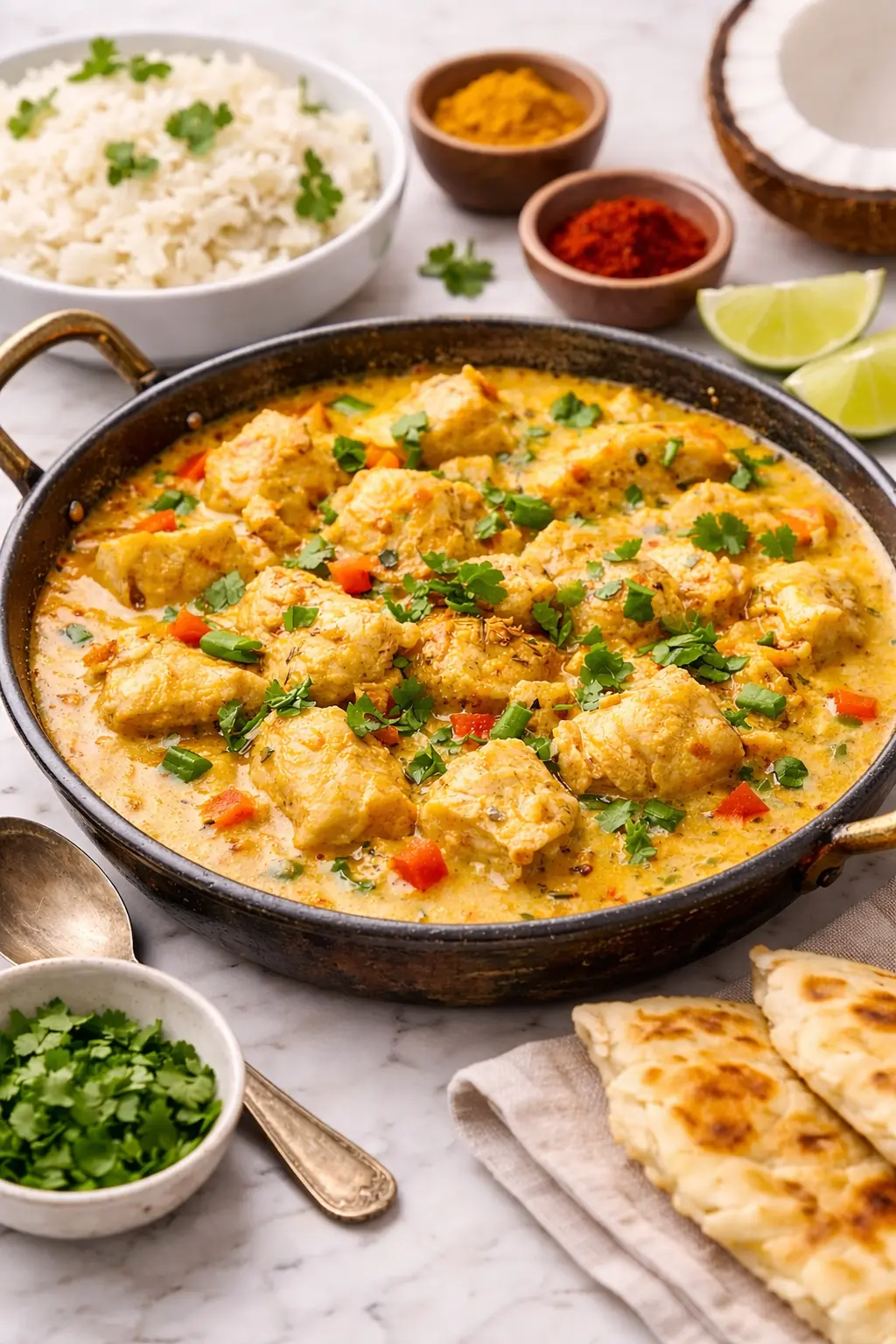 Creamy Nariyal Chicken Recipe cooked in coconut sauce, served in a skillet with basmati rice, naan, and fresh herbs.