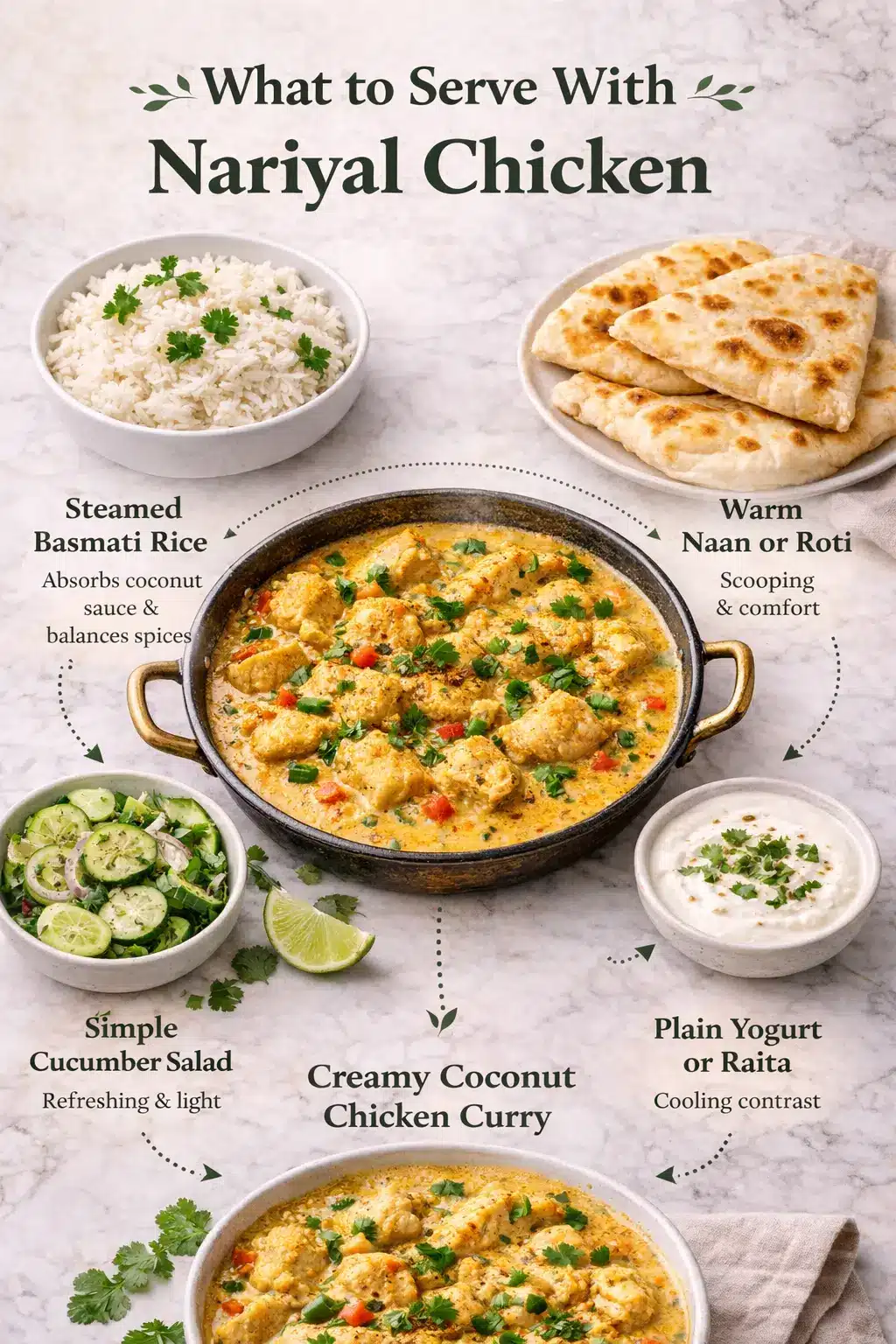 Infographic showing what to serve with Nariyal Chicken Recipe, including basmati rice, naan or roti, plain yogurt raita, and cucumber salad.