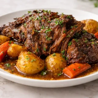 Pot roast in a slow cooker cooked until tender with potatoes and carrots