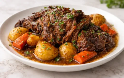Pot roast in a slow cooker cooked until tender with potatoes and carrots