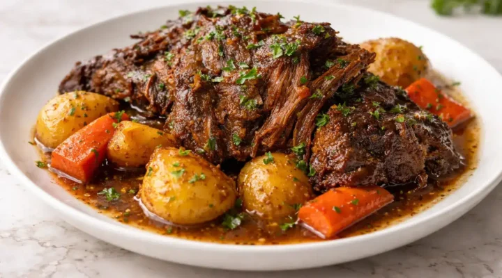 Pot roast in a slow cooker cooked until tender with potatoes and carrots